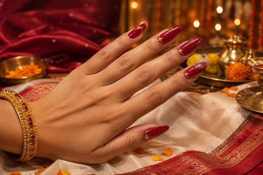 Deep red and gold press-on nails styled for Durga Puja 2026