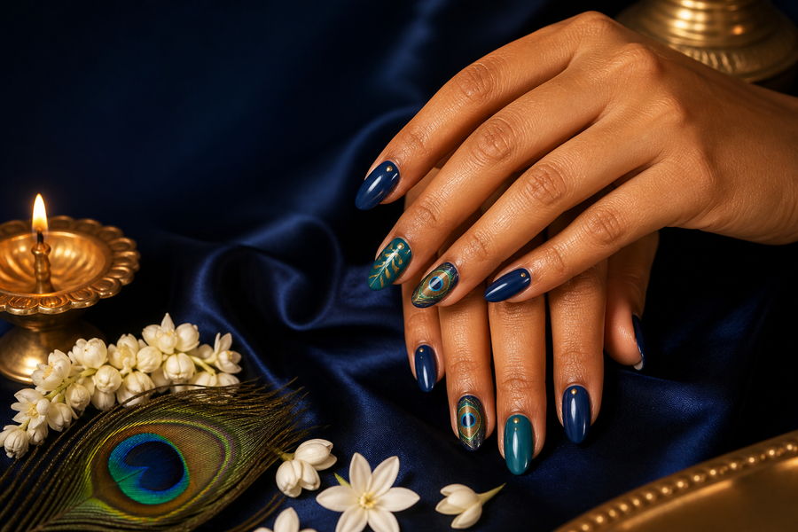 Janmashtami press-on nails in Krishna blue, peacock teal and gold