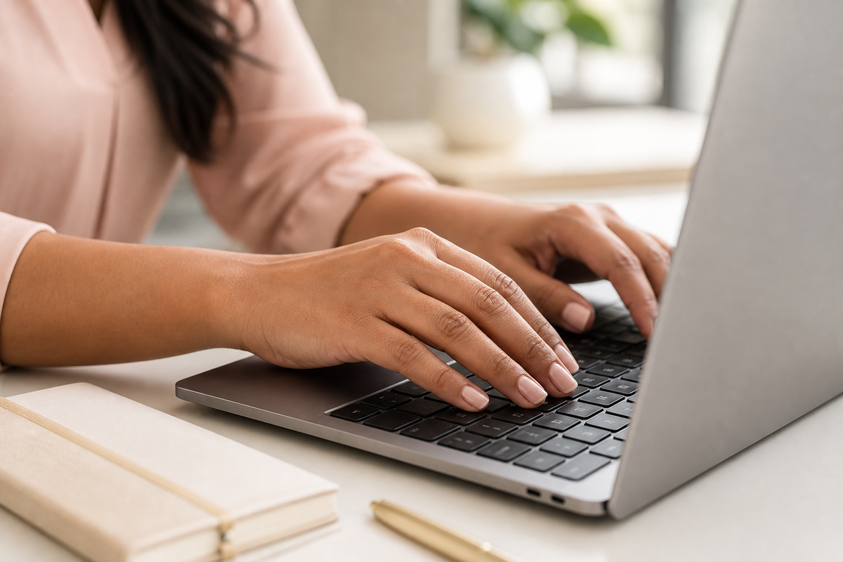 Indian professional wearing subtle sheer pink press-on nails while working at a laptop
