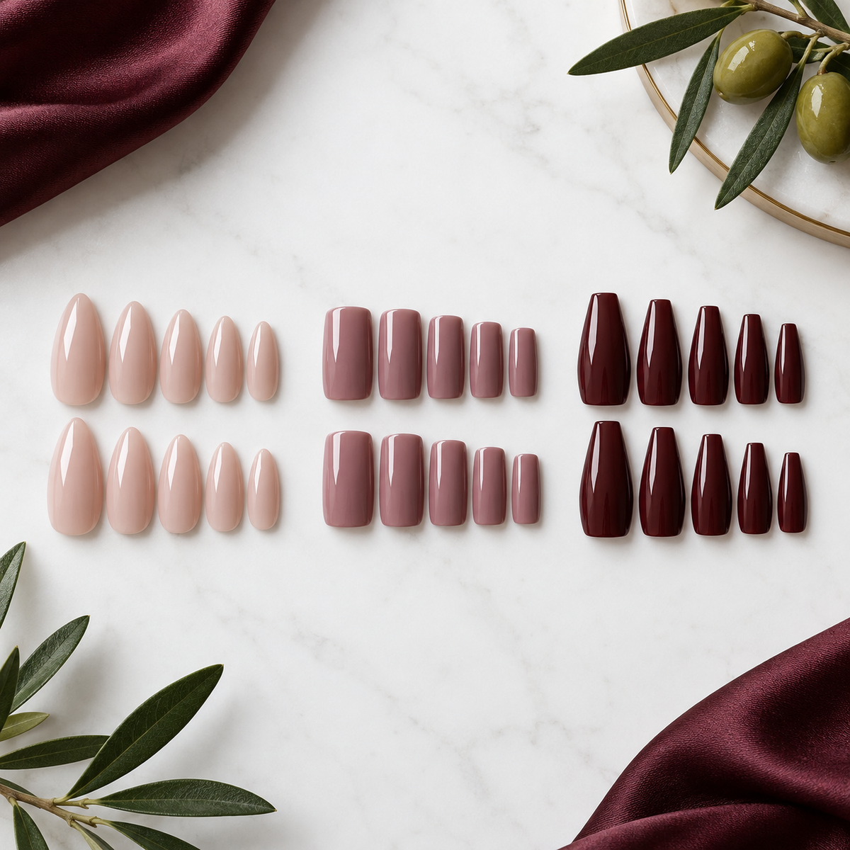 Almond, square and coffin press-on nail shapes compared