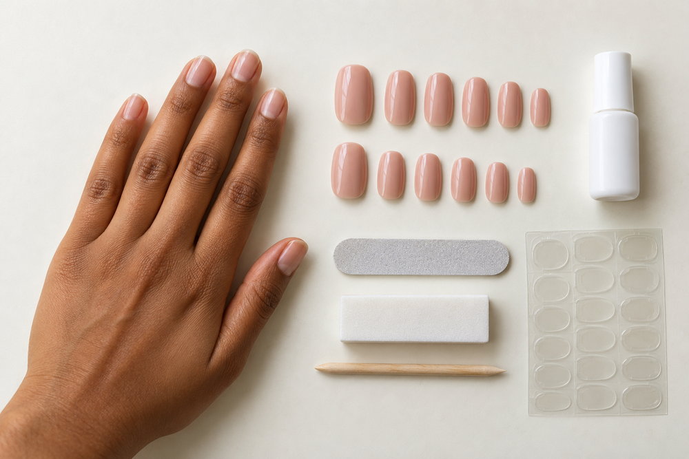 A press-on nail set and preparation tools arranged beside a hand