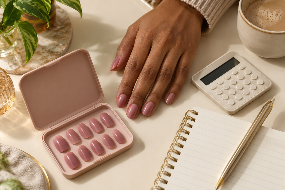 A rose manicure, reusable nail set and calculator on a desk