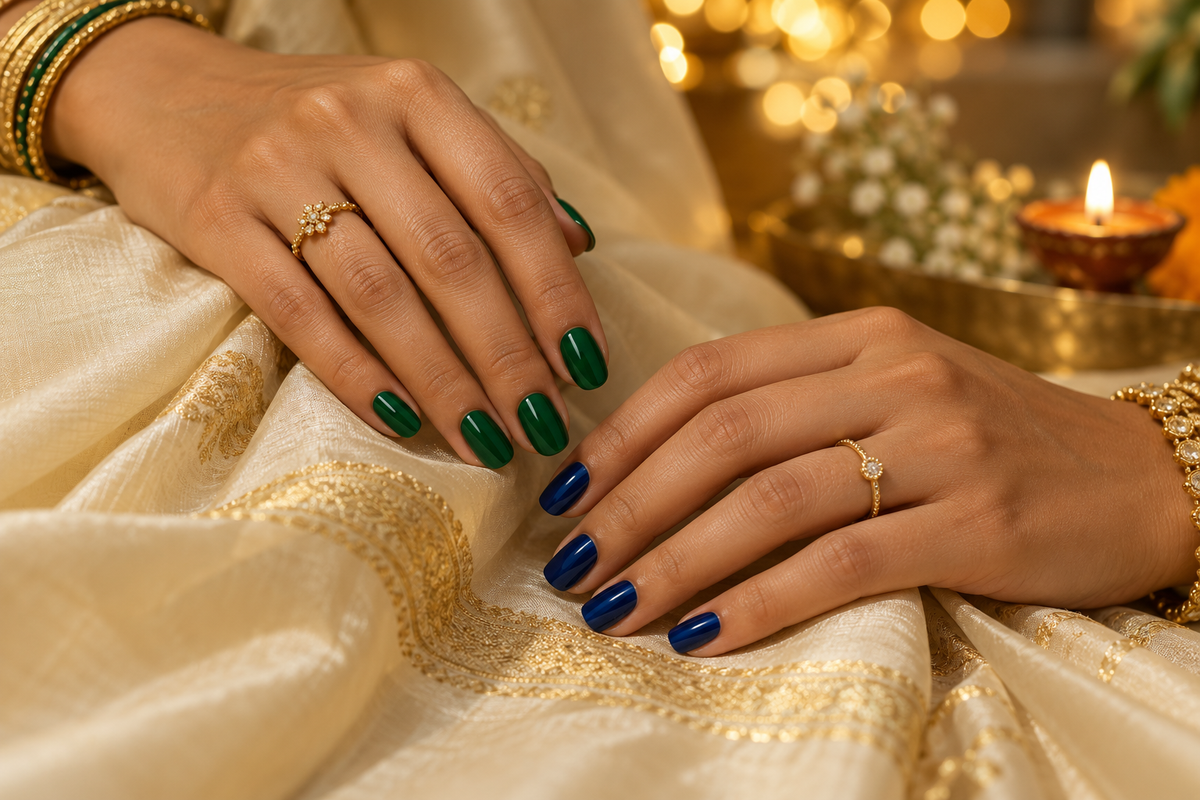 Emerald and sapphire nails styled with ivory silk and warm Diwali lights