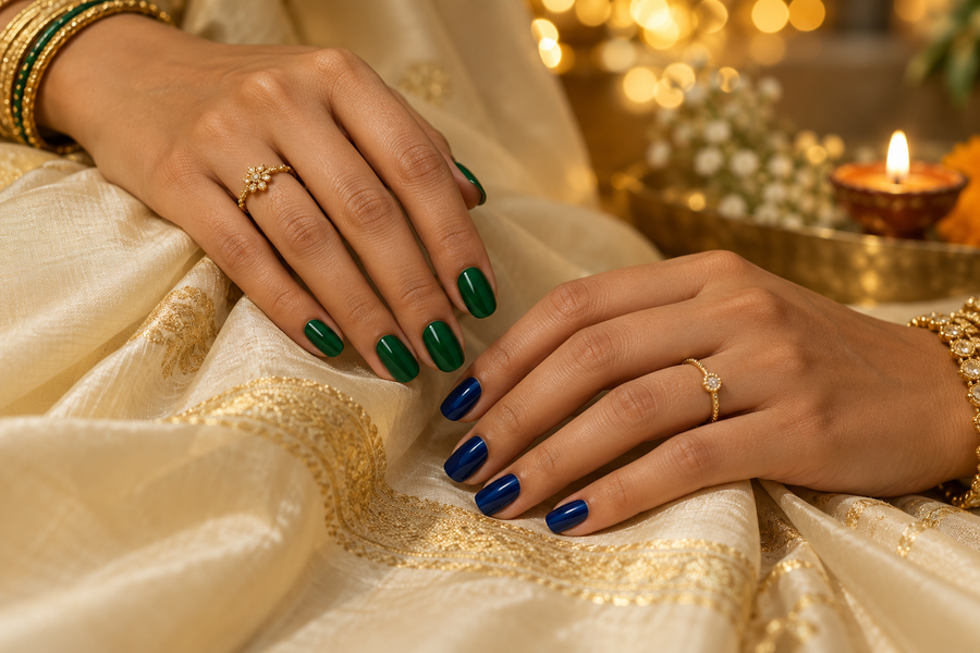 Emerald and sapphire nails styled with ivory silk and warm Diwali lights