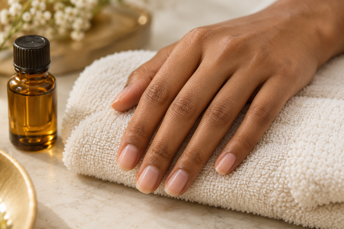 Short natural nails resting on a towel beside cuticle oil