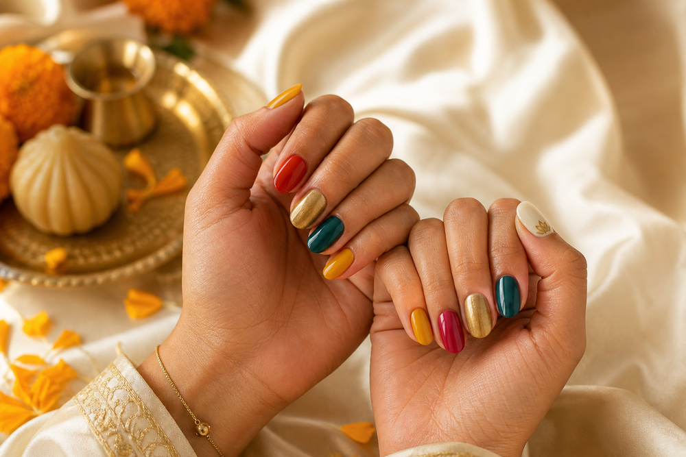 Five elegant press-on nail looks for Ganesh Chaturthi in saffron, red, gold, teal and ivory