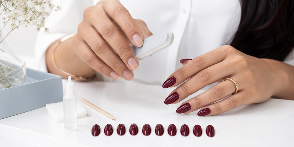 Preparing natural nails for longer-lasting burgundy press-on nails