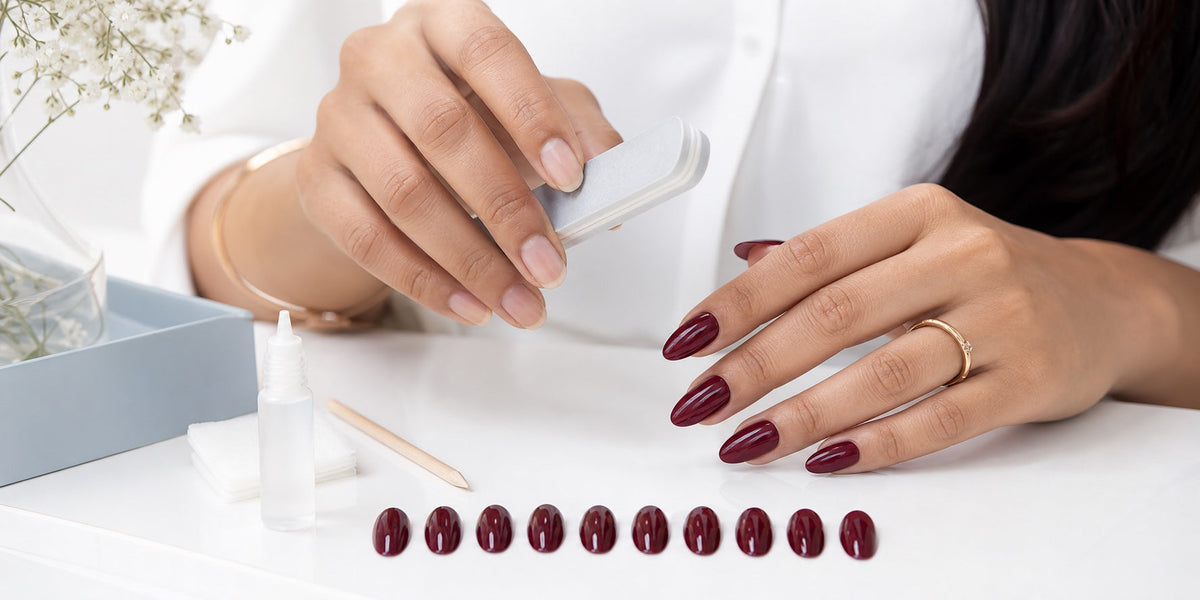Preparing natural nails for longer-lasting burgundy press-on nails