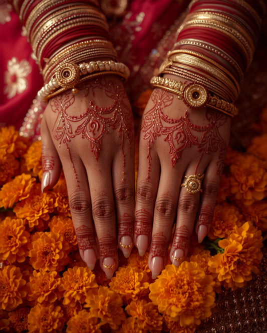 Indian bridal hands with elegant Yuna Nails press-on nails and jewel accents