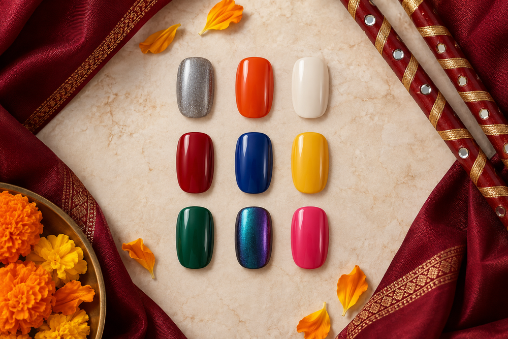 Nine glossy Navratri nail colours arranged with marigolds, maroon silk and dandiya sticks
