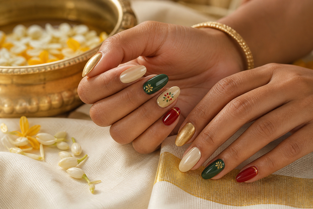 Five elegant press-on nail looks for Onam in gold, ivory, peacock green and Kerala red