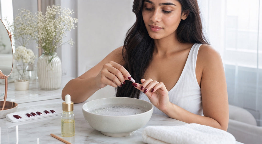 Indian woman gently removing burgundy press-on nails beside warm soapy water