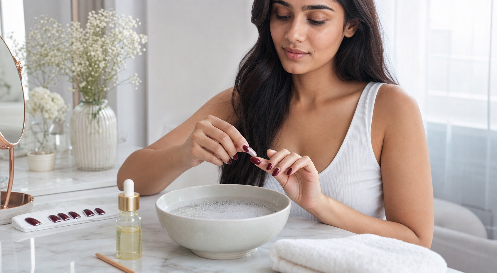 Indian woman gently removing burgundy press-on nails beside warm soapy water