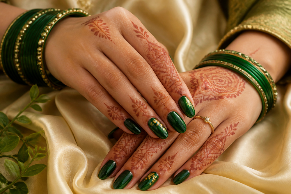 Indian hands with fresh mehndi wearing emerald green and gold press-on nails for Teej