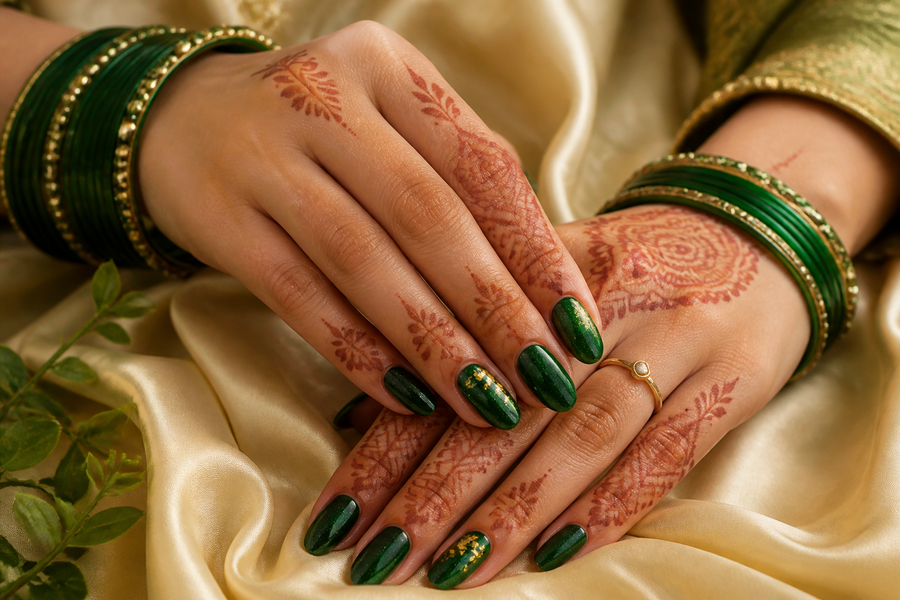 Indian hands with fresh mehndi wearing emerald green and gold press-on nails for Teej