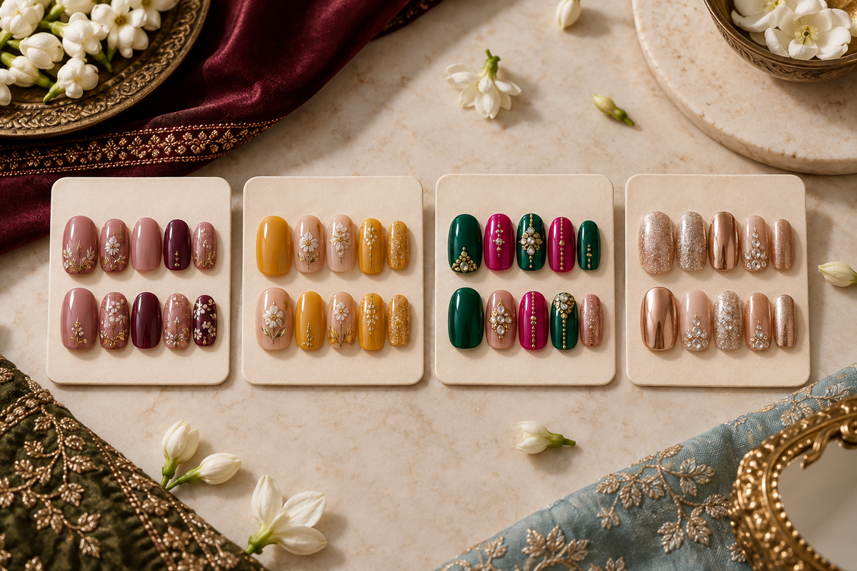 Four coordinated press-on nail wardrobes for mehndi, haldi, sangeet and reception