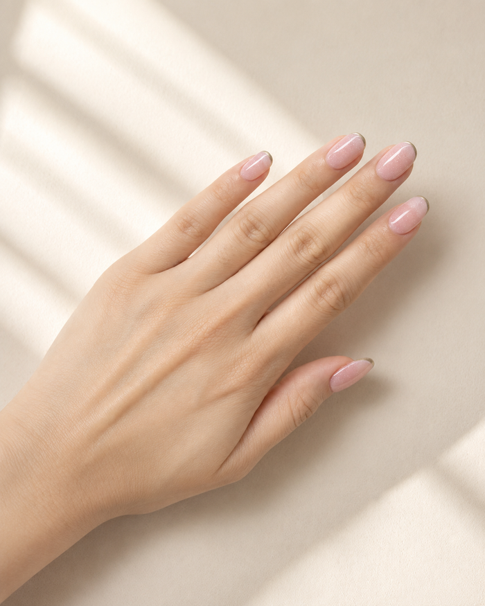 Rosé & Gold Press-On Nails | Blush Shimmer French Tip on fair skin