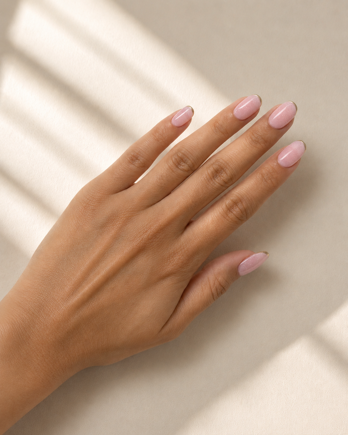 Rosé & Gold Press-On Nails | Blush Shimmer French Tip on medium skin
